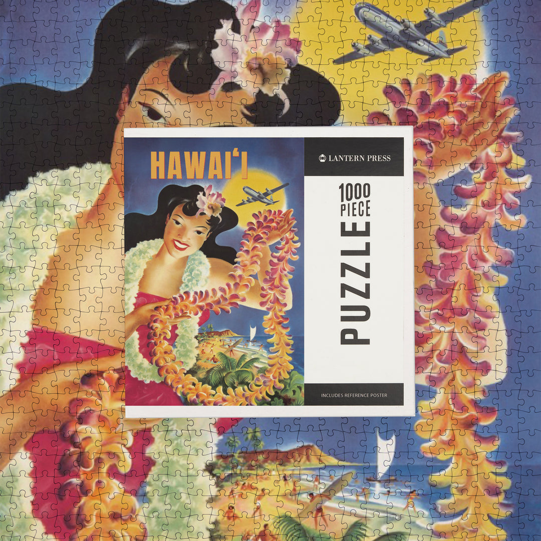 Hawaii, Vintage Beach and Lei, Jigsaw Puzzle
