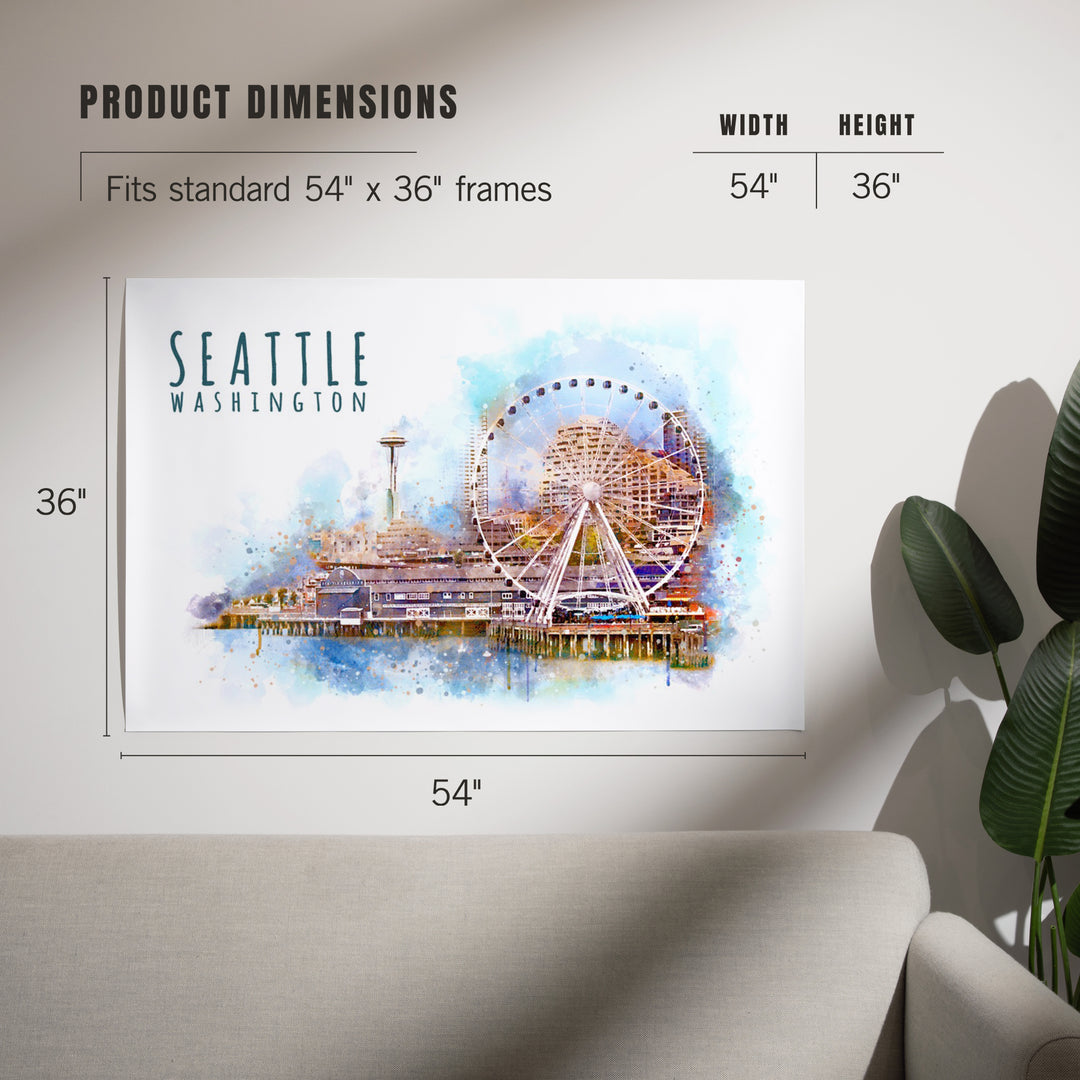 Seattle Skyline, Ferris Wheel, Watercolor, Art & Giclee Prints