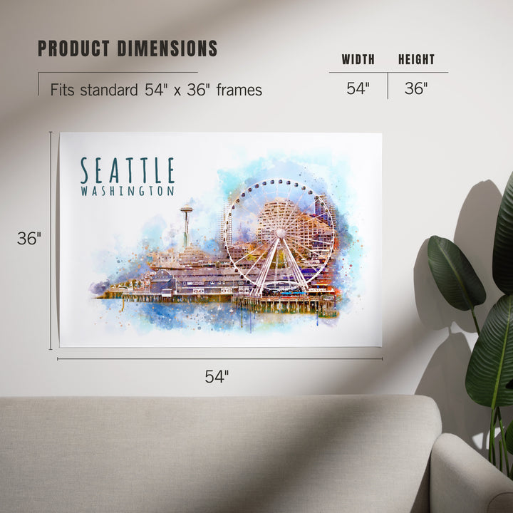 Seattle Skyline, Ferris Wheel, Watercolor, Art & Giclee Prints