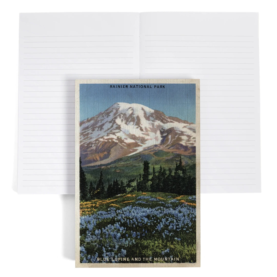 Lined 6x9 Journal, Rainier National Park, WA, View of Mt. Rainier, Blue Lupine Blooming, Lay Flat, 193 Pages, FSC paper