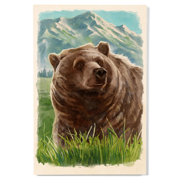 Watercolor Study, Grizzly Bear with Mountain, Wood Signs and Postcards