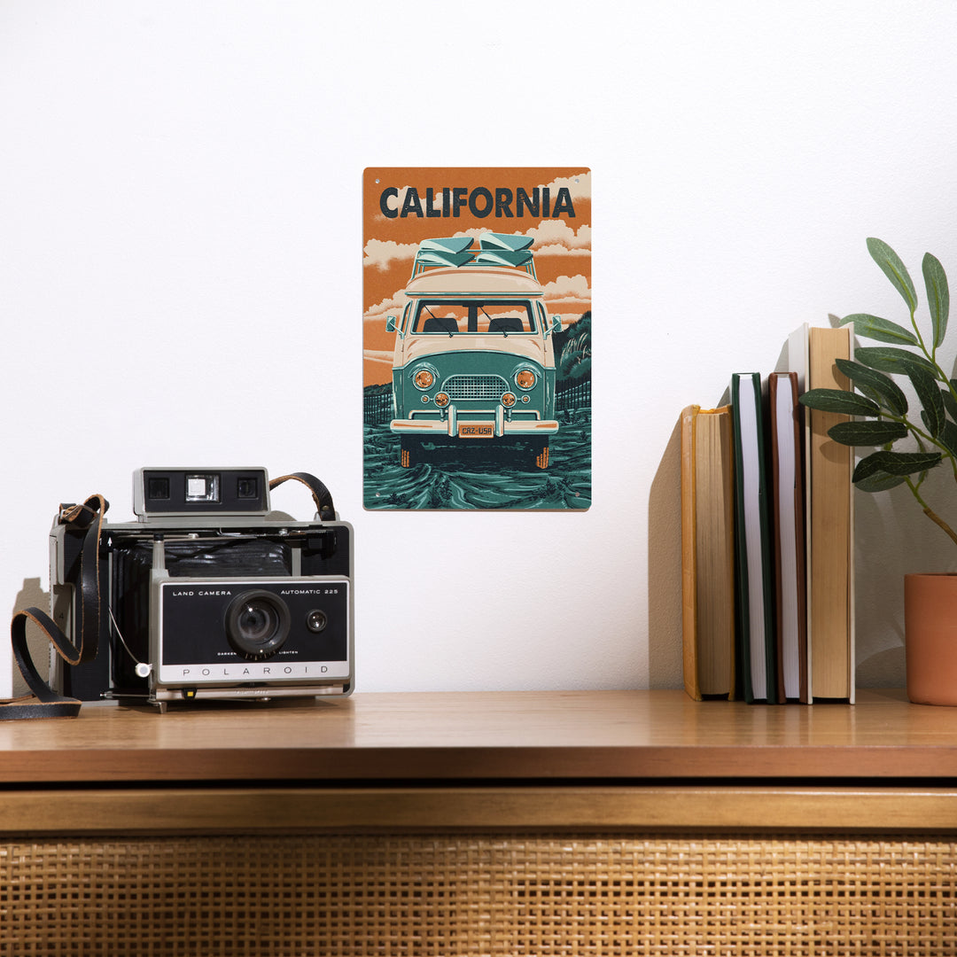 California, Letterpress, Camper Van, Metal Signs - Lantern Press