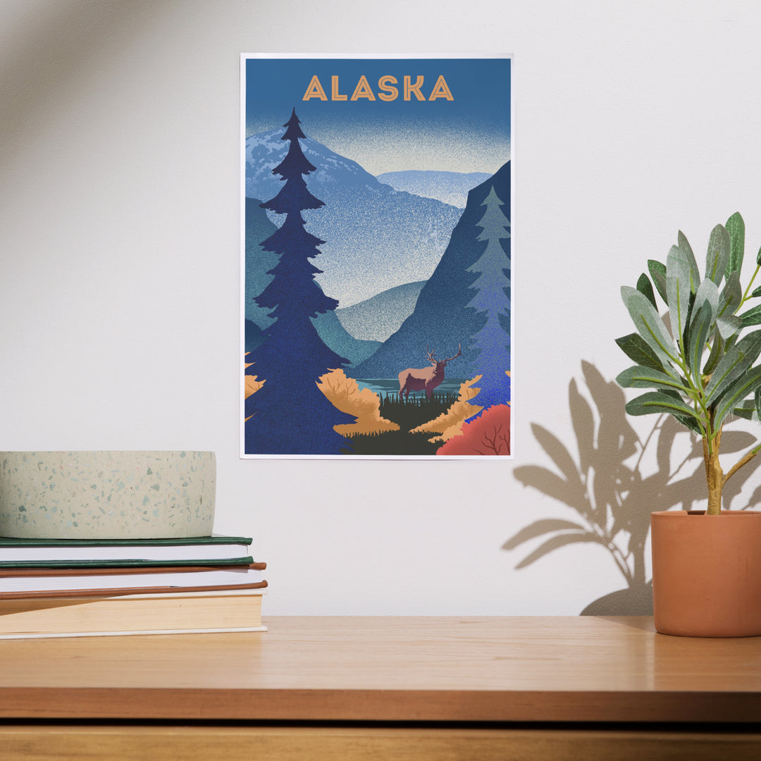 Alaska, Lithograph, Elk and Mountains Scene, Art & Giclee Prints