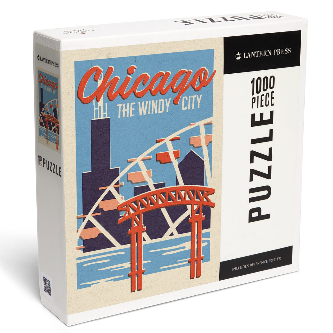 Chicago, Illinois, Woodblock City Series, Skyline, 1000 Piece Jigsaw Puzzle