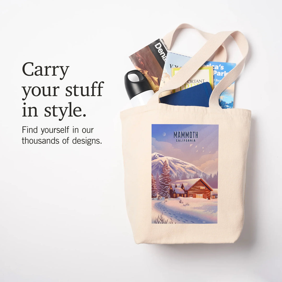 Mammoth, California, Lithograph, Mountain Lodge, Winter Scene, Tote Bag