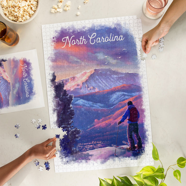 North Carolina, Watercolor Study, Purple Skies, Ski View, 1000 Piece Jigsaw Puzzle