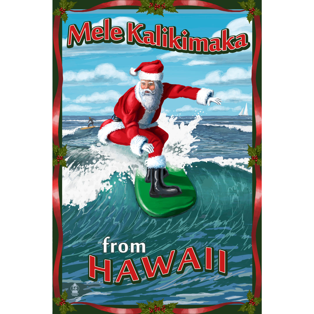 Merry Christmas from Hawaii, Santa Surfing, Lantern Press Artwork, Stretched Canvas