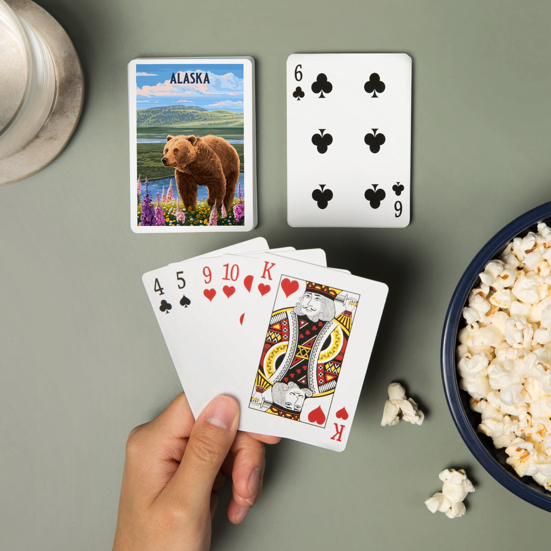Playing Cards, Alaska, Painterly, Grizzly Bear in Meadow, 52 Card Deck with Jokers in Box, Unique Art