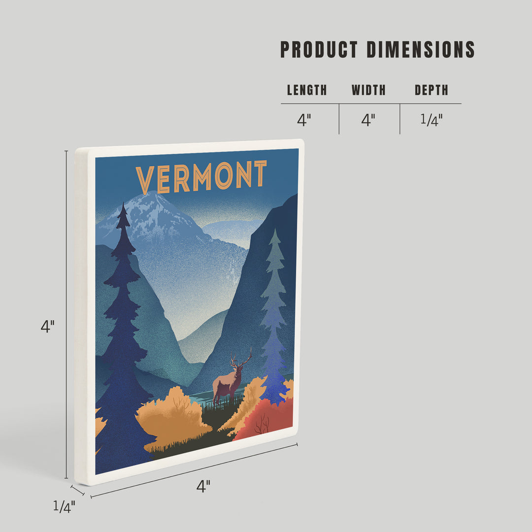 Vermont, Lithograph, Elk and Mountains Scene, Coasters