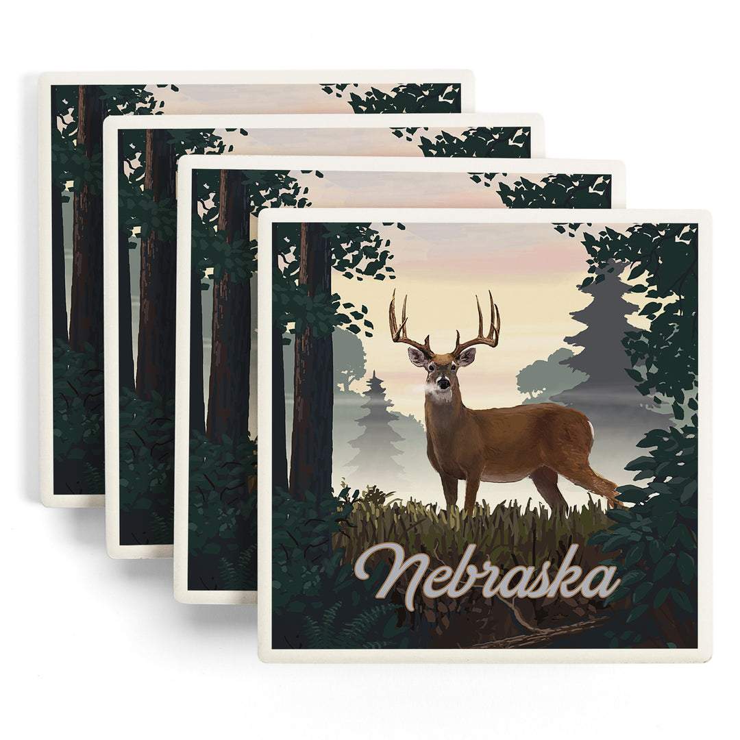 Nebraska, Painterly, Deer and Sunrise, Coasters