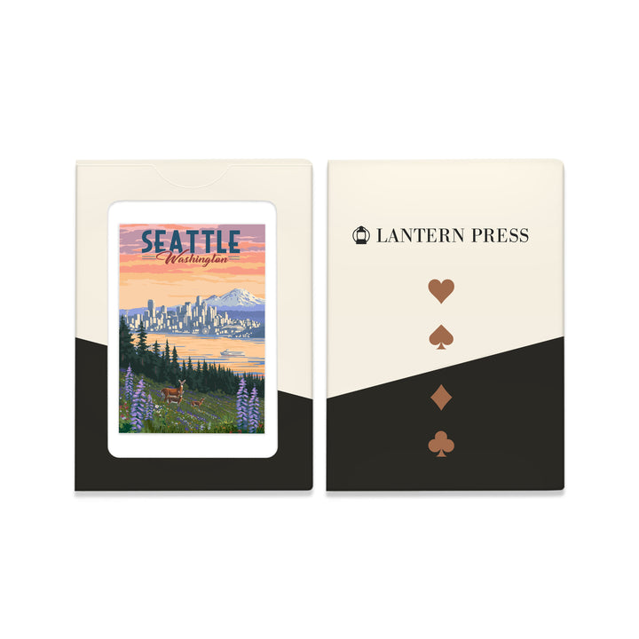 Playing Cards, Seattle, Washington, Deer and Spring Flowers, 52 Card Deck with Jokers in Box, Unique Art