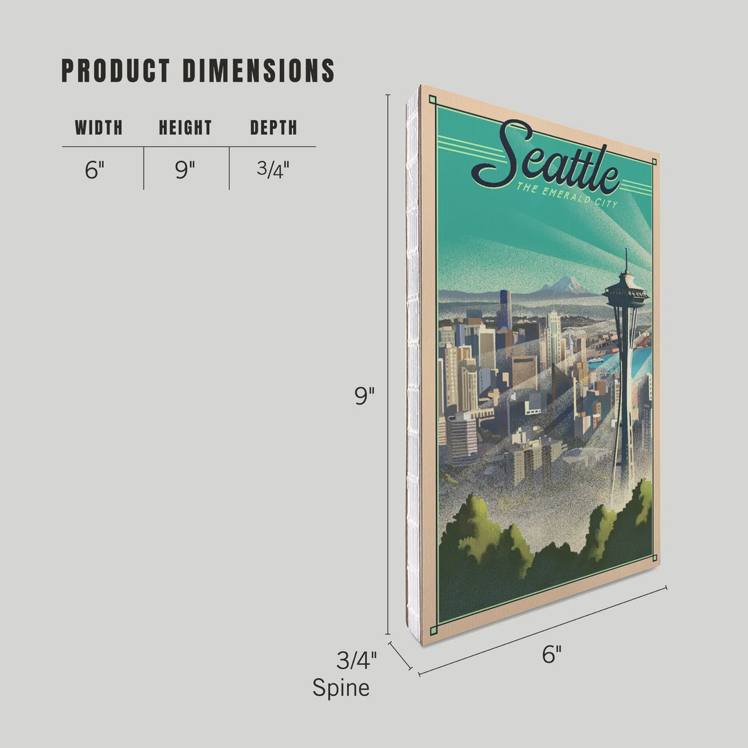 Lined 6x9 Journal, Seattle, Washington, Skyline, Lithograph, Lay Flat, 193 Pages, FSC paper