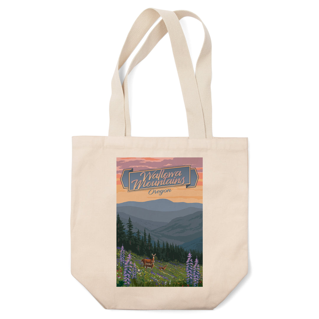 Wallowa Mountains, Oregon, Deer & Spring Flowers, Lantern Press Artwork, Tote Bag