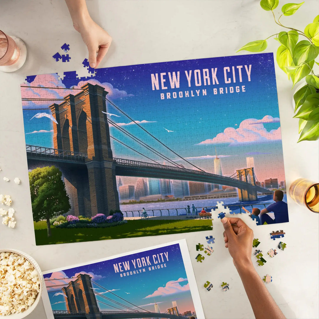New York City, New York, Lithograph, Brooklyn Bridge at Dusk, Jigsaw Puzzle