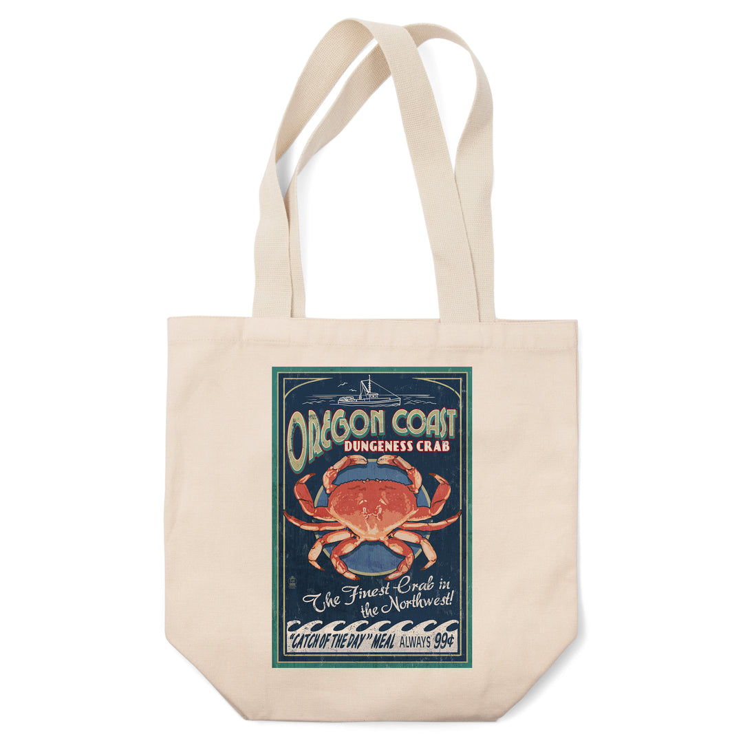 Oregon Coast, Dungeness Crab Vintage Sign, Lantern Press Artwork, Tote Bag