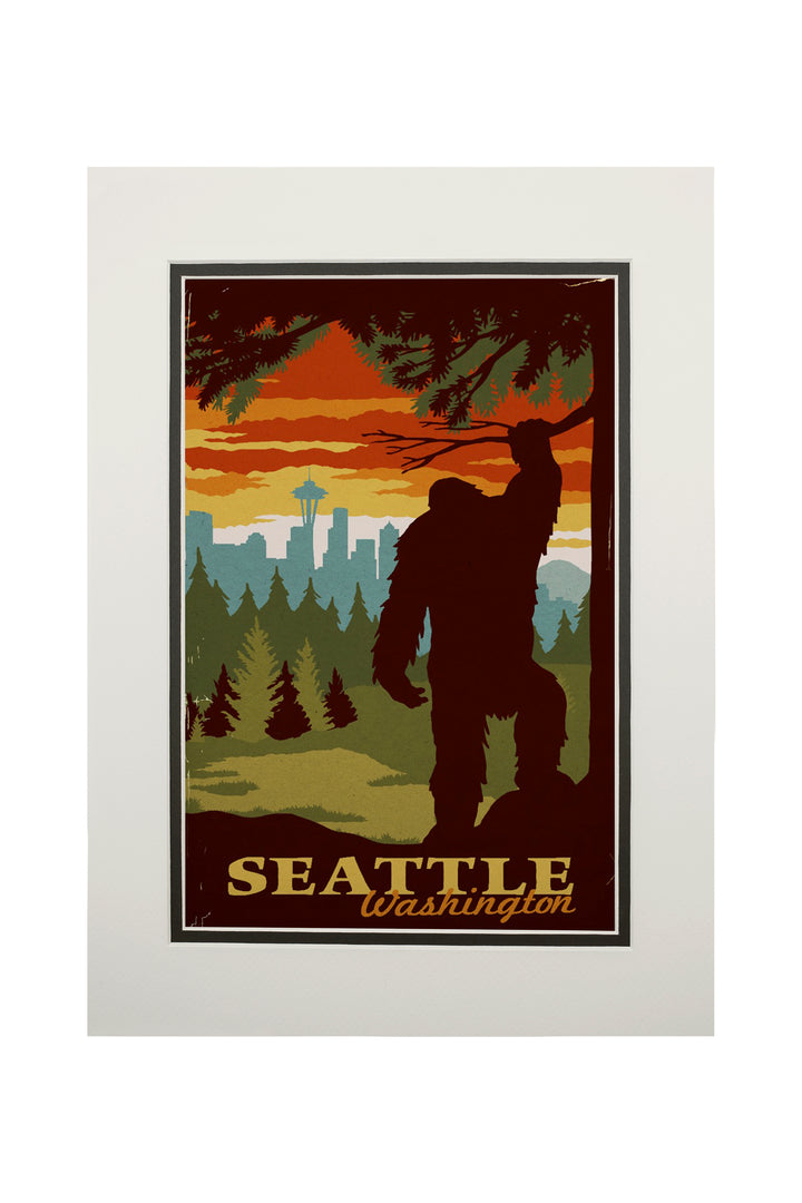 Seattle Skyline, Bigfoot, WPA Style, Art & Giclee Prints