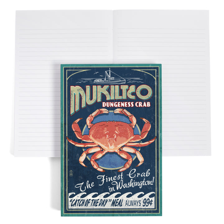 Lined 6x9 Journal, Mukilteo, Washington, Dungeness Crab Vintage Sign, Lay Flat, 193 Pages, FSC paper