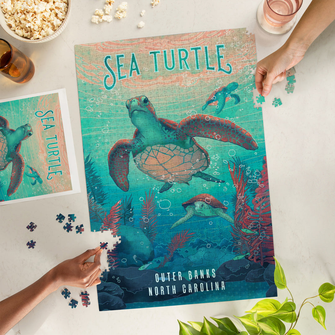 Outer Banks, North Carolina, Fluid Linework, Sea Turtle, Jigsaw Puzzle