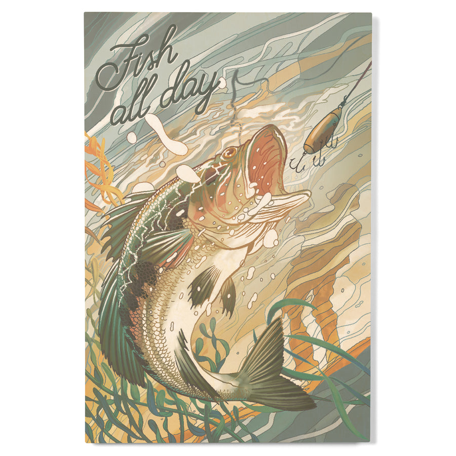 Fish All Day, Bass, Wood Signs and Postcards - Lantern Press