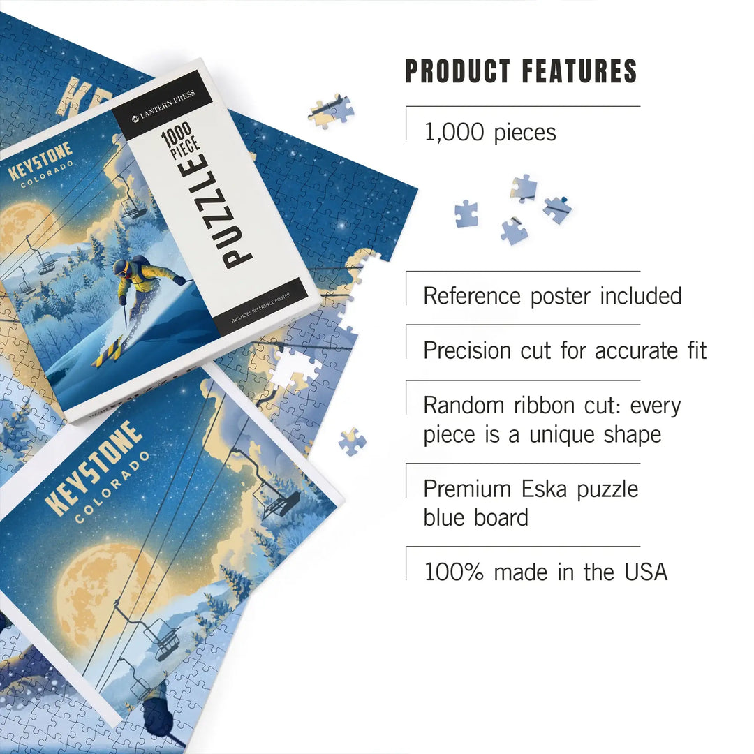 Keystone, Colorado, Lithograph, Night Ski, Jigsaw Puzzle