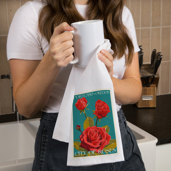 Portland, Oregon, City of Roses, Rose, Letterpress, Organic Cotton Kitchen Tea Towels