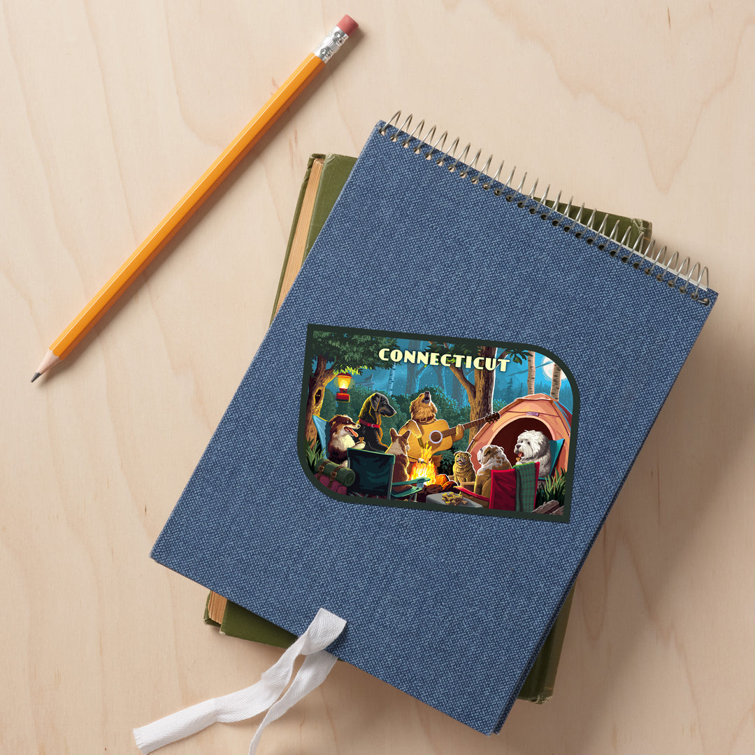 Connecticut, Painterly, Pack Life, Dogs Around Campfire, Vinyl Sticker