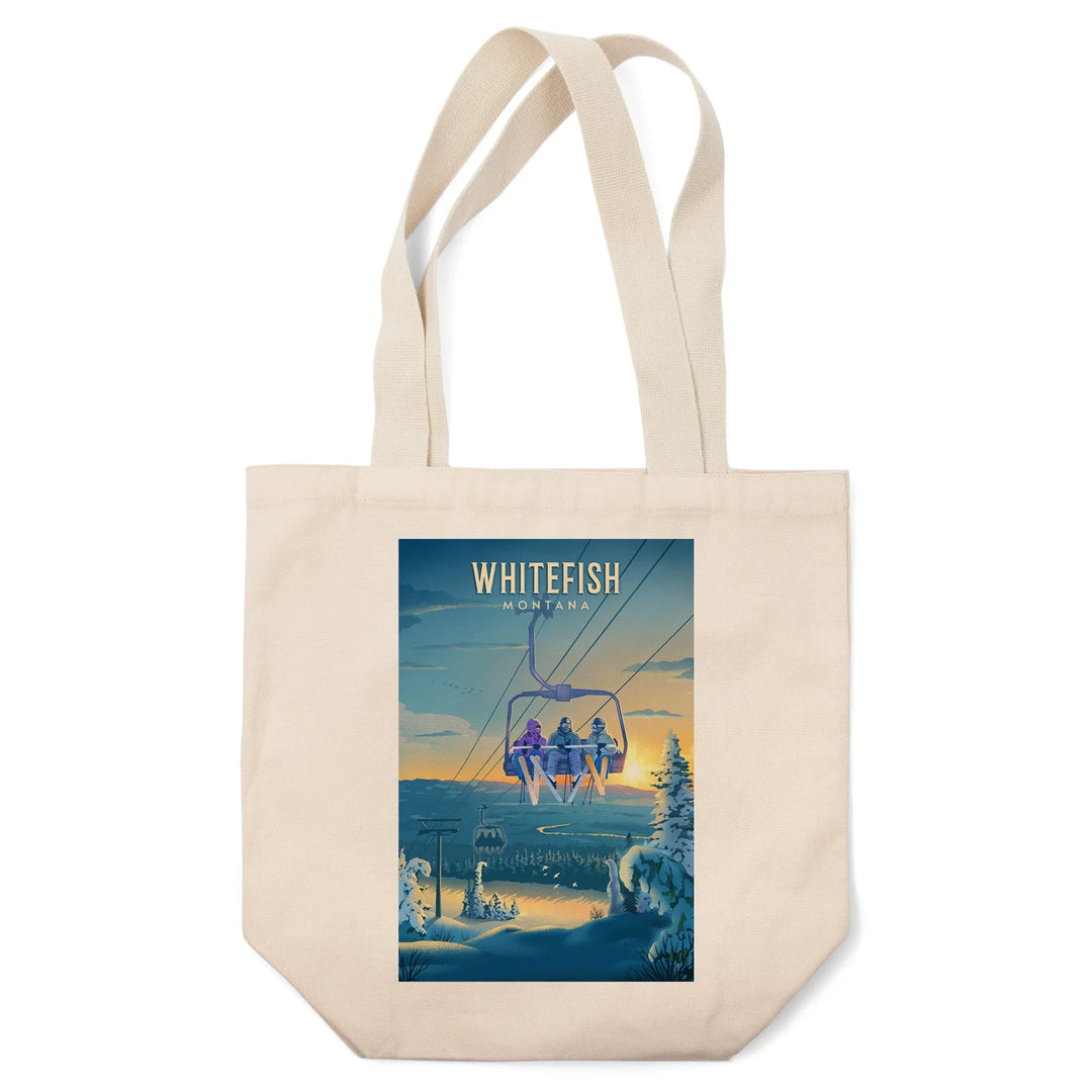 Whitefish, Montana, Lithograph, Chairlift, Tote Bag