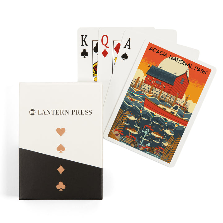 Playing Cards, Acadia National Park, Maine, Nautical Geometric, 52 Card Deck with Jokers in Box, Unique Art