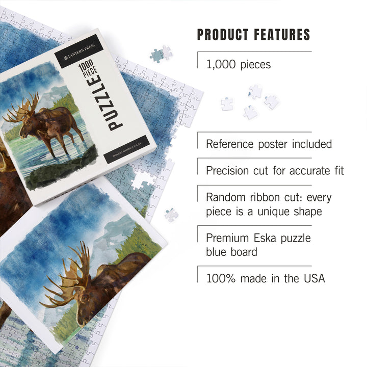 Watercolor Study, Moose with Mountain, 1000 Piece Jigsaw Puzzle
