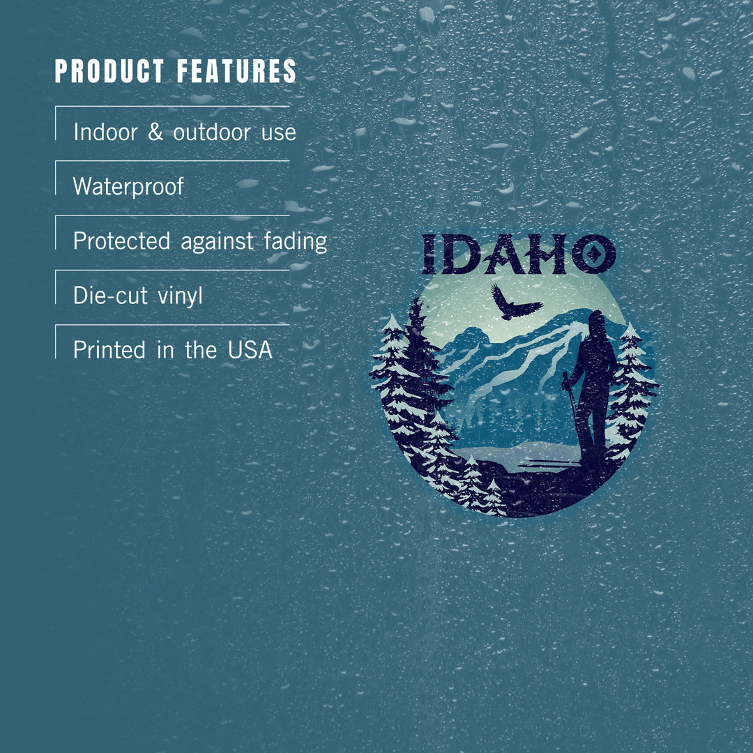Idaho, Skier and Mountain, Contour, Vinyl Sticker
