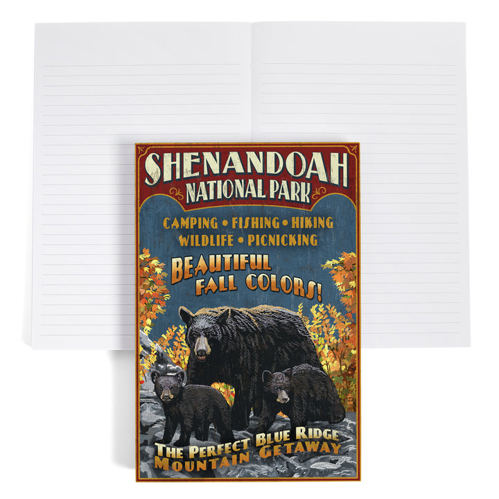 Lined 6x9 Journal, Shenandoah National Park, Virginia, Bear and Cubs Vintage Sign, Lay Flat, 193 Pages, FSC paper