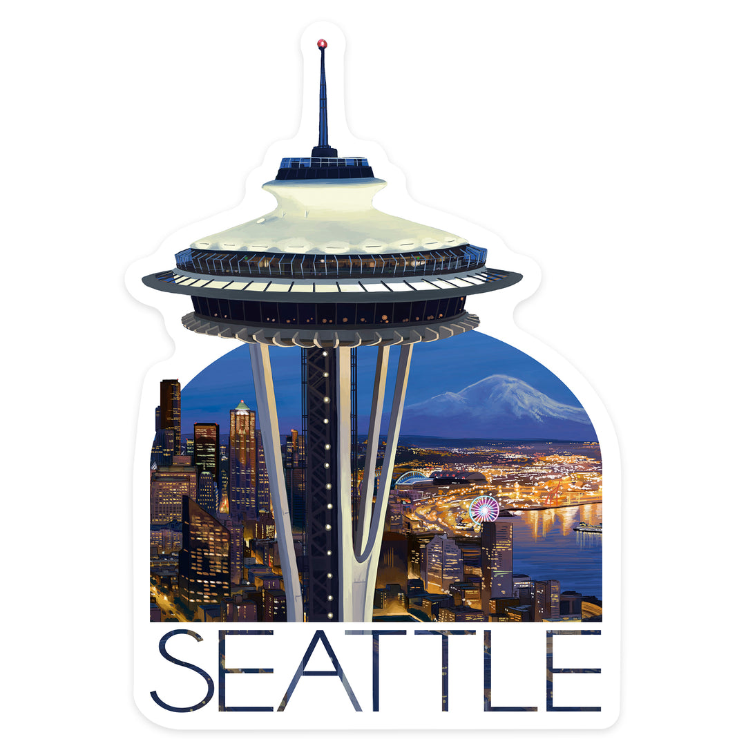 Seattle, Washington, Space Needle Aerial View, Contour, Vinyl Sticker