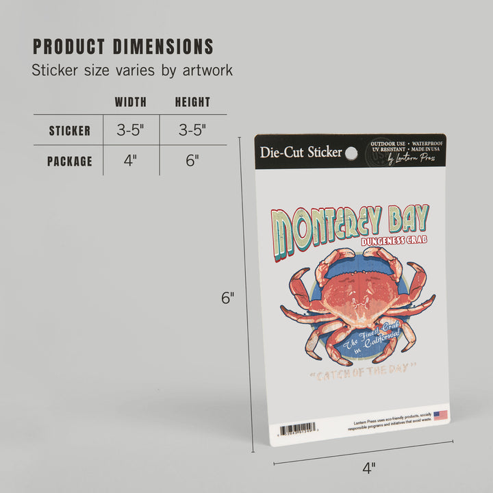 Monterey, California, Catch of the Day, Dungeness Crab, Vintage Sign, Contour, Vinyl Sticker