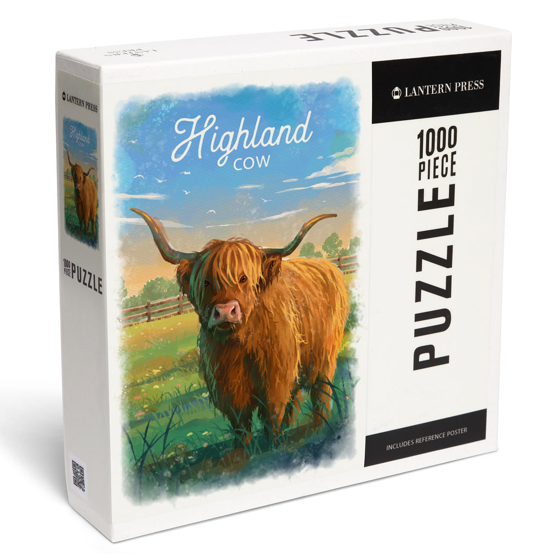 Watercolor Study, Highland Cow, 1000 Piece Jigsaw Puzzle