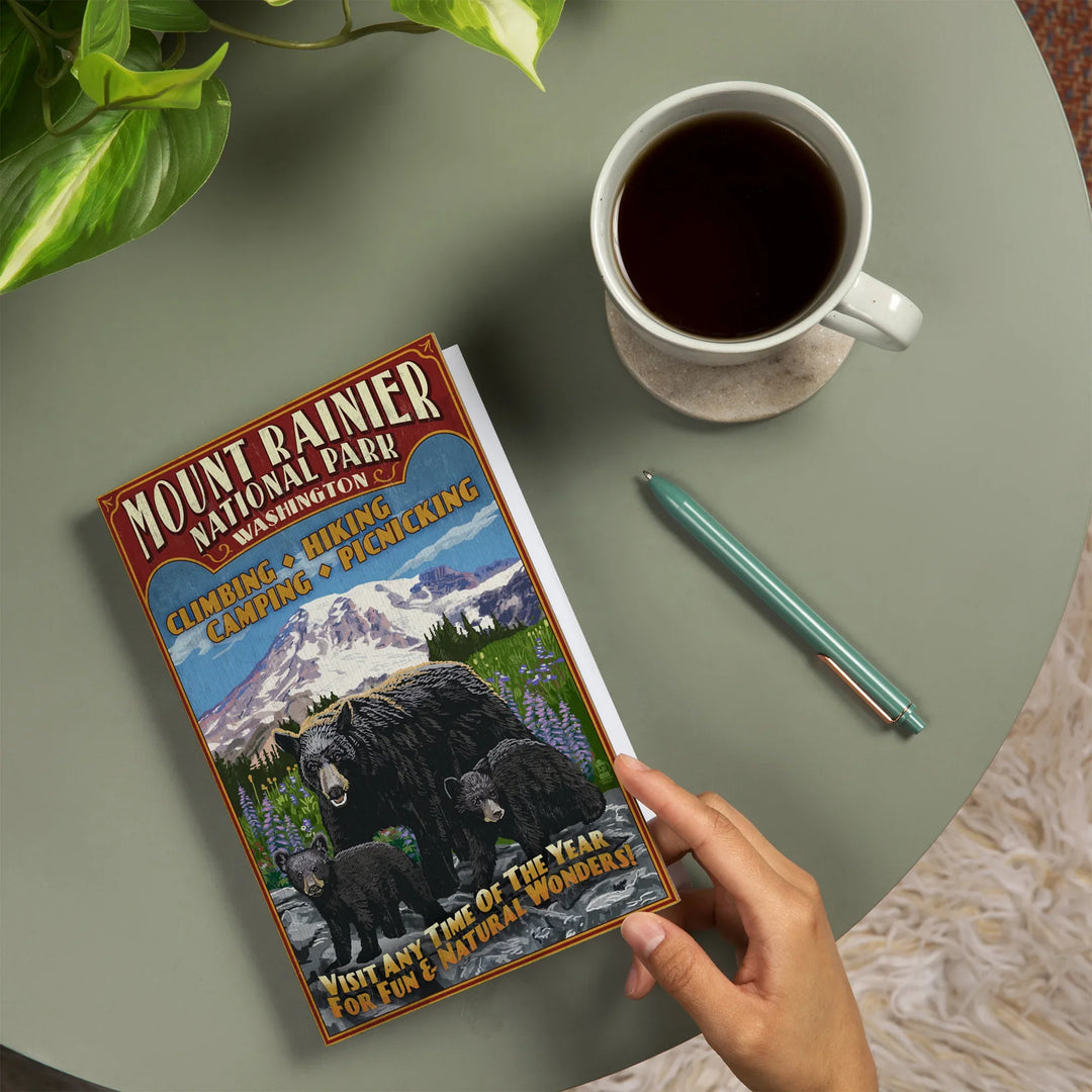 Lined 6x9 Journal, Mount Rainier National Park, Bear Family Vintage Sign, Lay Flat, 193 Pages, FSC paper