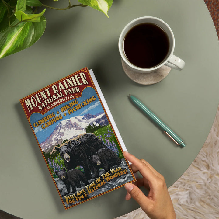 Lined 6x9 Journal, Mount Rainier National Park, Bear Family Vintage Sign, Lay Flat, 193 Pages, FSC paper