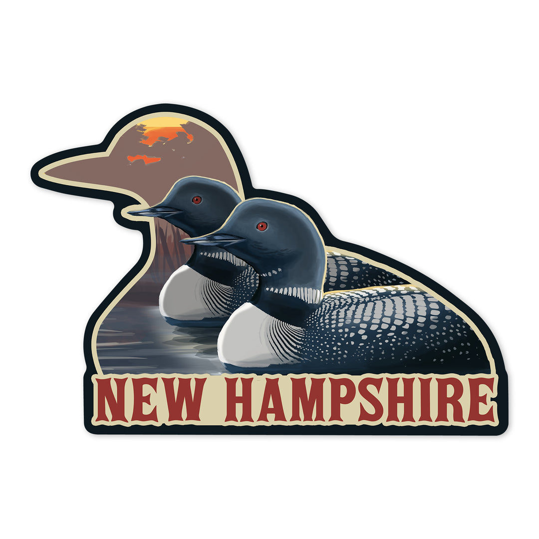 New Hampshire, Loons, Contour, Lantern Press Artwork, Vinyl Sticker