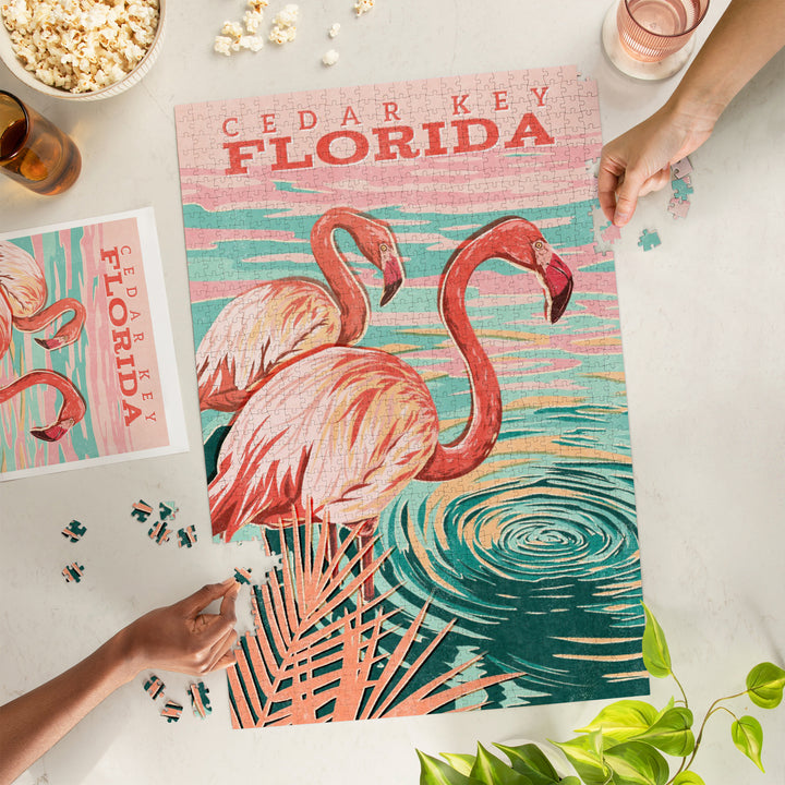 Cedar Key, Florida, Flamingos By Water, Jigsaw Puzzle