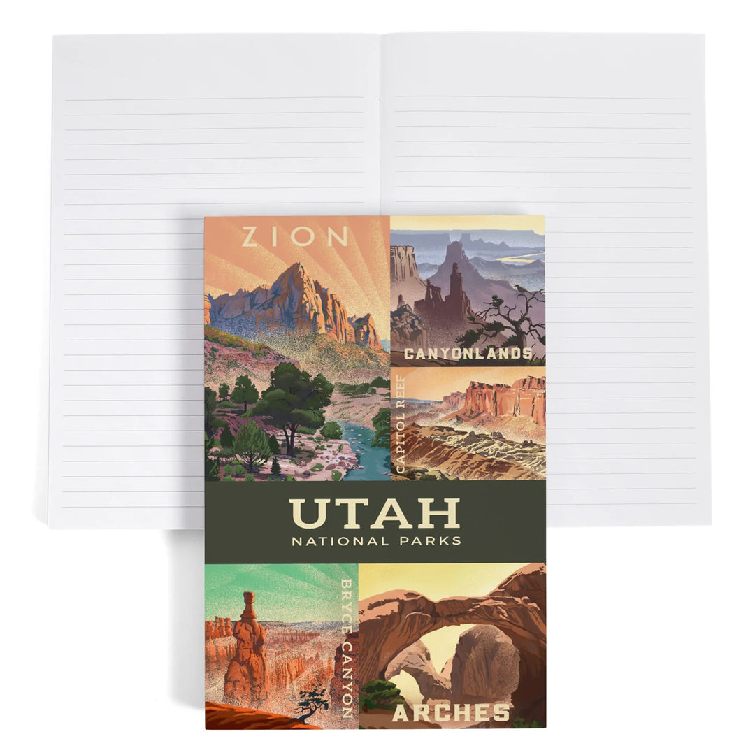 Lined 6x9 Journal, Utah's National Parks Collage, Lithograph National Park Series, Lay Flat, 193 Pages, FSC paper