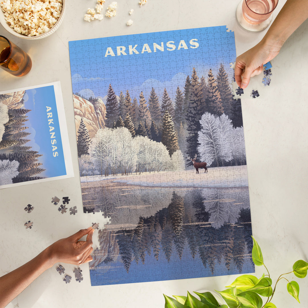 Arkansas, Lithograph, Lone Deer By Snowy Lake, Jigsaw Puzzle