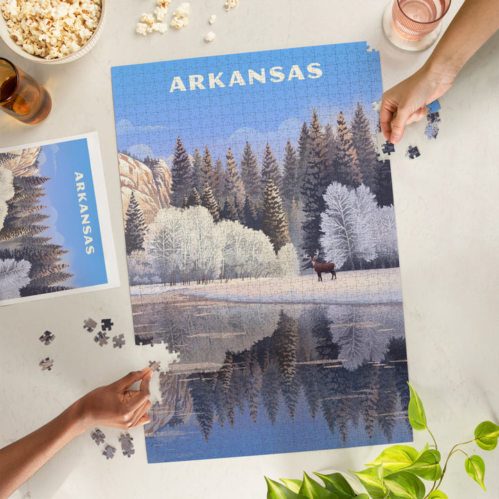 Arkansas, Lithograph, Lone Deer By Snowy Lake, Jigsaw Puzzle