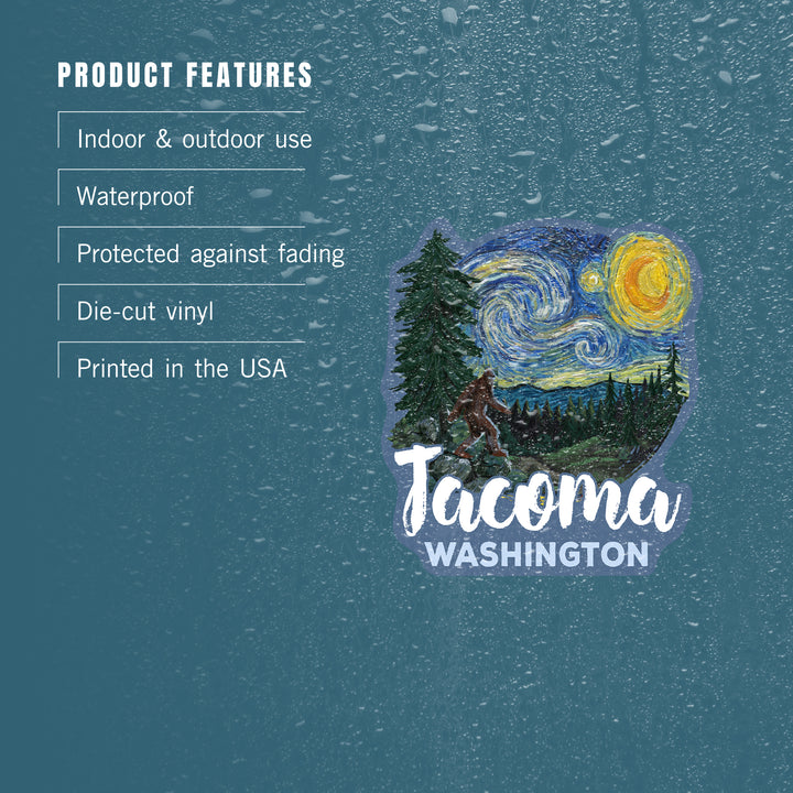 Tacoma, Washington, Bigfoot, Starry Night, Contour, Lantern Press Artwork, Vinyl Sticker