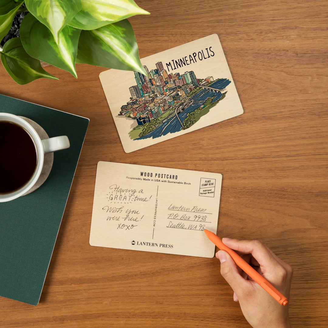 Minneapolis, Minnesota, Cityscape, Line Drawing, Wood Sign and Postcards