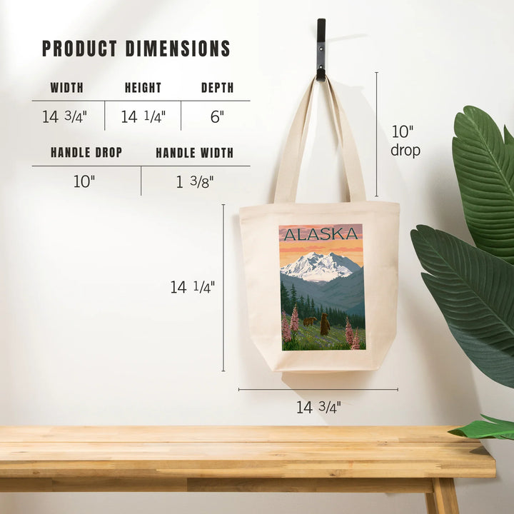 Alaska, Painterly, Grizzly Bear and Spring Flowers, Tote Bag