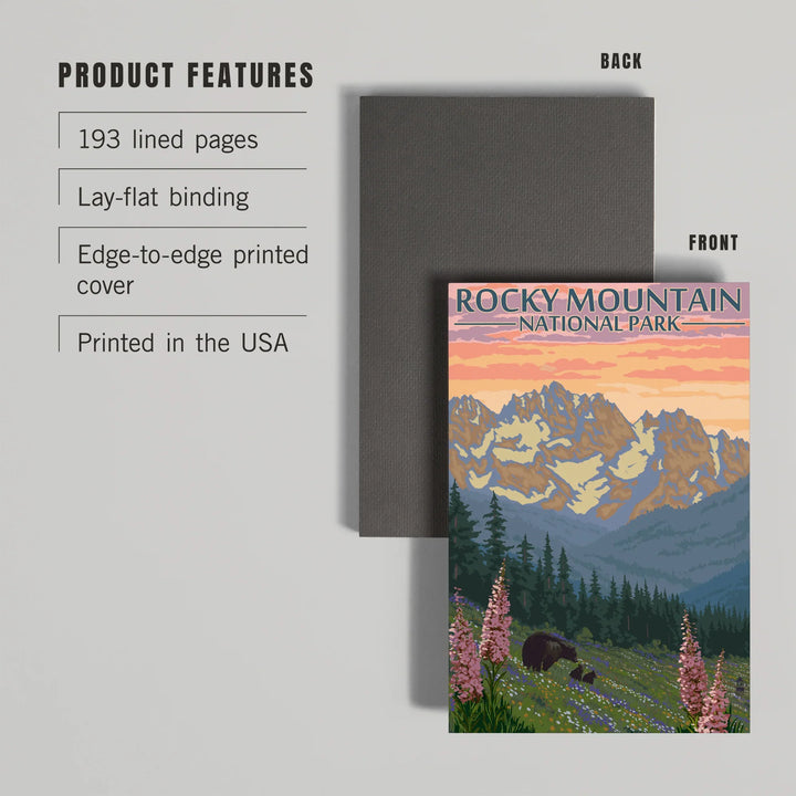 Lined 6x9 Journal, Rocky Mountain National Park, Colorado, Bear and Cubs with Flowers, Lay Flat, 193 Pages, FSC paper