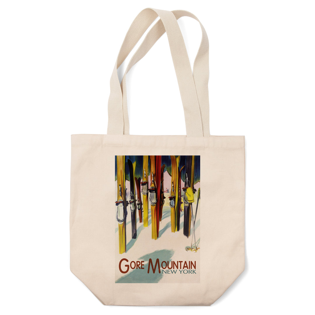 Gore Mountain, New York, Colorful Skis, Lantern Press Artwork, Tote Bag