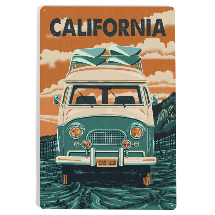 California, Letterpress, Camper Van, Metal Signs - Lantern Press