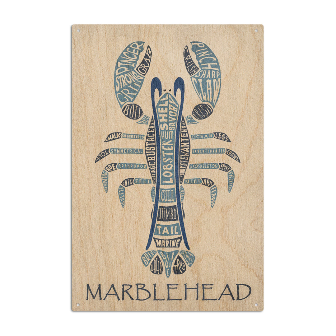 Marblehead, Massachusetts, Blue Lobster, Typography, Lantern Press Artwork, Wood Signs and Postcards