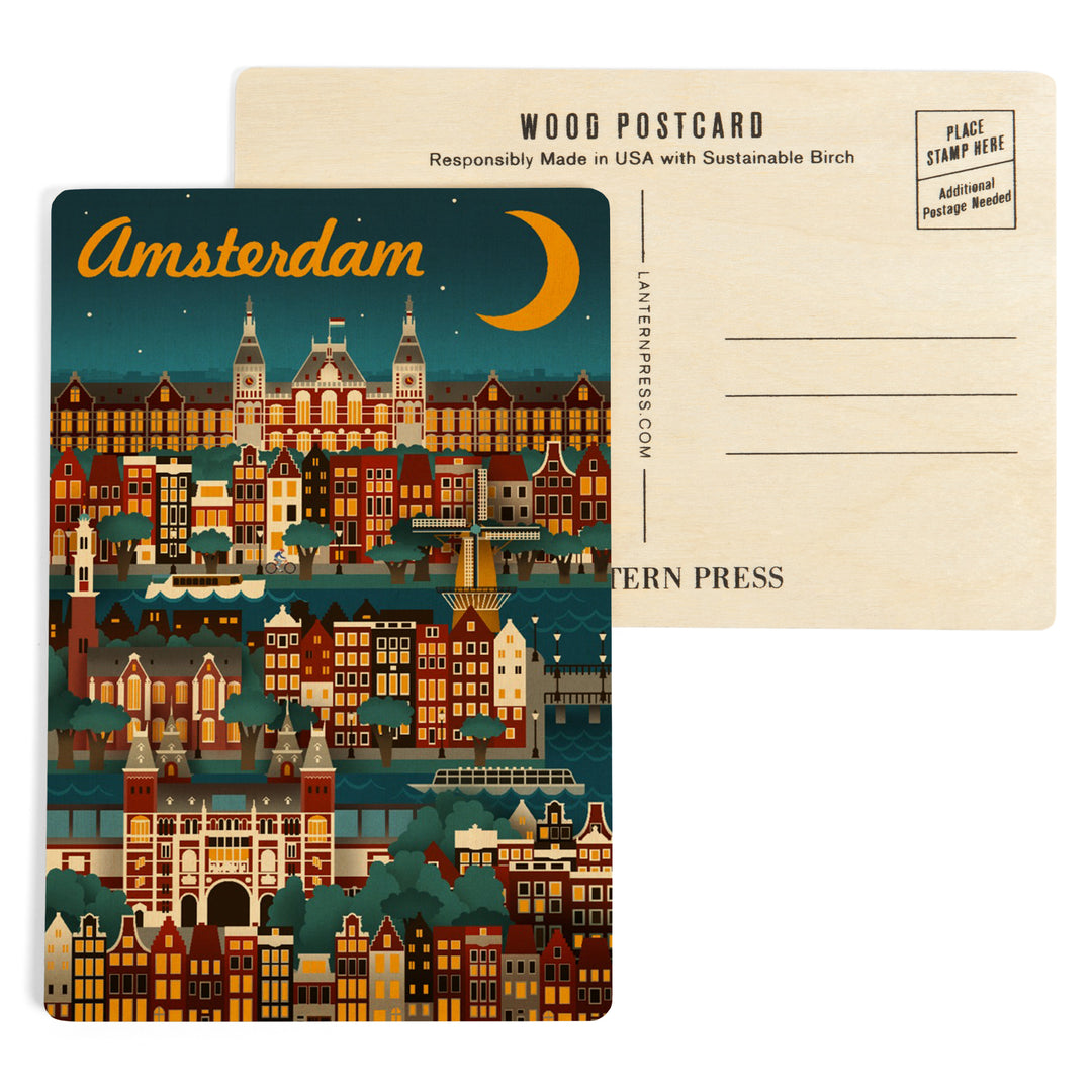 Amsterdam, Retro Skyline, Wood Sign and Postcards