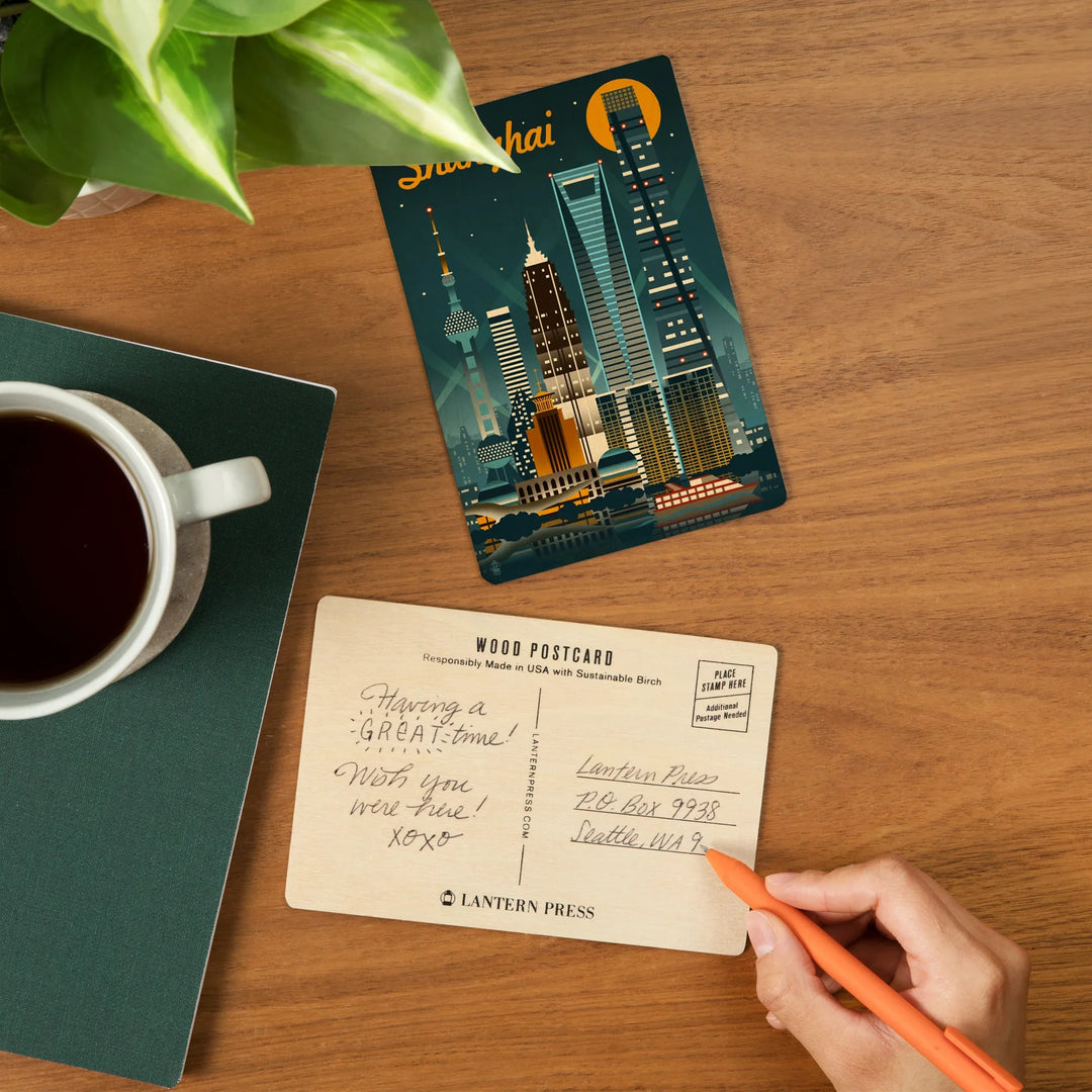 Shanghai, China, Retro Skyline, Wood Sign and Postcards
